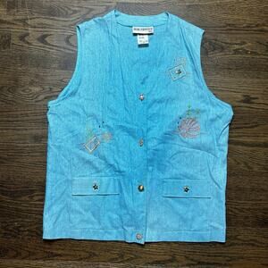 Vtg Peter‎ Popovitch Vest Womens Large Blue Linen Embroidered Sea Shell Resort